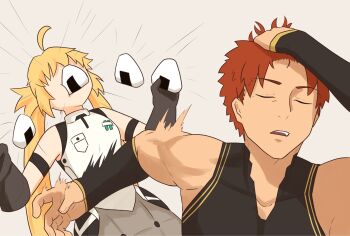 Rule 34 | 1boy, 1girl, artoria caster (fate), artoria pendragon (fate), black gloves, blonde hair, closed eyes, commentary request, emiya shirou, fate/grand order, fate (series), food, gloves, hands up, highres, meme, naoya hitting choso without looking (meme), onigiri, red hair, senji muramasa (fate), syu 99 fgo02, upper body