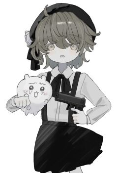 1girl ahoge beret black_hat black_ribbon black_skirt blush brown_eyes brown_hair chiikawa chiikawa_(character) collared_shirt colored_skin cowboy_shot creature crying crying_with_eyes_open dress_shirt flower frown grey_skin gun hair_rings handgun hat hat_flower hat_ribbon hatoba_tsugu holding holding_gun holding_weapon hostage hougetsu_(moon_neetcat) long_sleeves looking_at_viewer neck_ribbon open_mouth raised_eyebrows ribbon rose shirt shirt_tucked_in short_hair simple_background single_hair_ring skirt solo standing suspender_skirt suspenders tareme tears threat tsugu_(vtuber) weapon white_background white_flower white_rose white_shirt