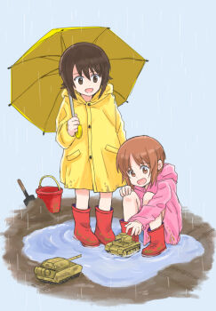 2girls aged_down bare_legs boots brown_hair coat dirty dirty_clothes girls_und_panzer military military_vehicle motor_vehicle mud multiple_girls mutsu_(layergreen) nishizumi_maho nishizumi_miho open_mouth pink_coat playing puddle rain raincoat red_footwear rubber_boots short_hair siblings simple_background sisters smile squatting tank toy umbrella wet wet_clothes yellow_coat yellow_raincoat yellow_umbrella