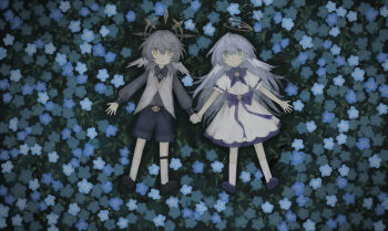 1boy 1girl absurdres bare_arms bare_legs blue_flower blue_hair brother_and_sister cacetse chinese_commentary commentary_request dress flower green_eyes grey_hair halo head_wings highres honkai:_star_rail honkai_(series) lying on_back robin_(concert_for_two)_(honkai:_star_rail) robin_(honkai:_star_rail) siblings sunday_(concert_for_two)_(honkai:_star_rail) sunday_(honkai:_star_rail) white_wings wings yellow_eyes yellow_halo