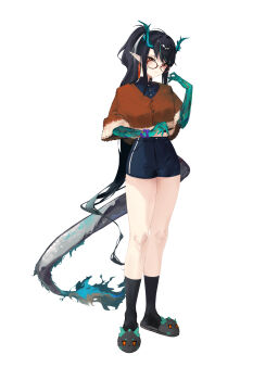 Rule 34 | 1girl, absurdres, aqua hair, aqua skin, arknights, bead bracelet, beads, bespectacled, black hair, black shirt, black shorts, black slippers, black socks, bracelet, brown-framed eyewear, brown jacket, closed mouth, colored skin, dragon girl, dragon horns, dragon tail, dusk (arknights), earrings, full body, fur jacket, glasses, high-waist shorts, highres, horns, jacket, jewelry, kneehighs, long hair, looking at viewer, midriff peek, multicolored hair, navel, pointy ears, red eyes, shirt, short shorts, shorts, simple background, slippers, socks, solo, standing, streaked hair, tail, two-tone hair, very long hair, white background, xiaobei