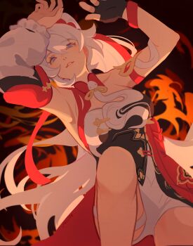 1girl absurdres ahoge blue_eyes breasts chinese_clothes commentary corset detached_sleeves diamond-shaped_pupils diamond_(shape) dress english_commentary fingerless_gloves gloves hair_between_eyes highres honkai_(series) honkai_impact_3rd kiana_kaslana kiana_kaslana_(ba-dum!_fiery_wishing_star) large_breasts long_hair mararu official_alternate_costume parted_lips ribbon snake_print solo symbol-shaped_pupils very_long_hair white_dress white_hair