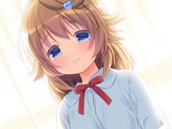 1girl blue_eyes blush bow bowtie brown_hair buttons chishima_mako closed_mouth collared_shirt game_cg hair_ornament heart heart_hair_ornament looking_at_viewer medium_hair non-web_source piyodera_mucha portrait raised_inner_eyebrows red_bow red_bowtie shirt smile solo soushisouai_lolita_no_seikatsu variant_set white_shirt