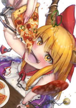 Rule 34 | 1girl, absurdres, blonde hair, brown eyes, eating, food, frilled cuffs, highres, horns, ibuki suika, light blush, looking at viewer, luke (kyeftss), open mouth, pepperoni, pepperoni pizza, pizza, purple skirt, shirt, simple background, skirt, sleeveless, sleeveless shirt, smile, solo, touhou, white background, white shirt