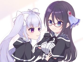 Rule 34 | 2girls, ahoge, assault lily, black hair, black ribbon, blue eyes, blue ribbon, blunt bangs, blush, bow, breasts, center frills, closed mouth, commentary, cropped jacket, detached sleeves, frilled shirt, frilled shirt collar, frills, from side, gem, gem hair ornament, glasses, gradient background, grey hair, hair between eyes, hair bow, hair ribbon, hand on another's arm, hand up, highres, hood, hood down, light particles, long hair, long sleeves, looking at another, looking at object, mashima moyu, medium breasts, miriam hildegard von gropius, multiple girls, nana (nana piyo07), neck ribbon, parted lips, pink background, purple eyes, red-framed eyewear, red gemstone, ribbon, school uniform, shirt, short sleeves, sleeves past wrists, smile, twintails, two-tone background, underbust, upper body, white background, white bow, yuri, yurigaoka girls academy school uniform