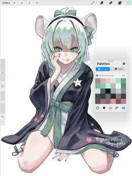 1girl animal_ears full_body green_eyes green_hair highres kneeling looking_at_viewer mouse_ears mouse_girl original pufioli user_interface white_background