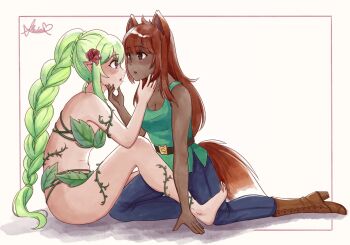 Rule 34 | 2girls, after kiss, animal ears, bikini, blue pants, boots, braid, breasts, brown eyes, brown footwear, cleavage, dark-skinned female, dark skin, denim, dryad (terraria), eye contact, fox ears, fox girl, fox tail, full body, green hair, hand on another's chin, highres, jeans, leaf bikini, leaf bra, leaf clothing, leaf skirt, long hair, looking at another, multiple girls, pants, plant, pointy ears, purple eyes, red hair, saliva, saliva trail, shadouette, sitting, tail, terraria, very long hair, vines, yuri, zoologist (terraria)
