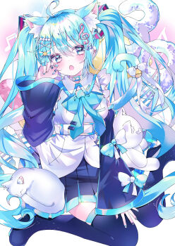 1girl ahoge animal_ear_fluff animal_ears aoi_yugina bell blue_eyes blue_hair blush bow cat cat_ears cat_girl cat_tail collar commission detached_sleeves fang hair_ornament hatsune_miku highres long_hair looking_at_viewer musical_note open_mouth sensitive sitting skirt solo tail tail_ornament thighhighs twintails very_long_hair vocaloid wariza