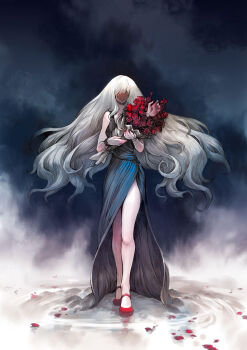 Rule 34 | 1girl, bare legs, bare shoulders, blue dress, bouquet, bracelet, character request, cocktail dress, commentary, cover, cover page, disembodied hand, dress, english commentary, expressionless, flats, flower, full body, hair over eyes, highres, holding, holding bouquet, jewelry, knees, long hair, long sleeves, maboroshi no onna, official art, outdoors, pale skin, parted lips, patipat asavasena, petals, red flower, red rose, red shoes, ripples, rose, rose petals, shaded face, shoes, side slit, sleeveless, sleeveless dress, solo, storm, very long hair, wavy hair, white hair