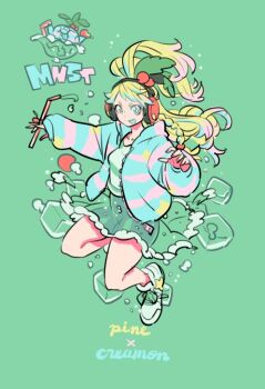 1girl :p blonde_hair braid character_name commentary_request copyright_name drinking_straw full_body green_background green_skirt headphones holding holding_drinking_straw jumping looking_at_viewer monster_strike pine_(monster_strike) ponytail simple_background skirt smile takeuchi_ryousuke tongue tongue_out