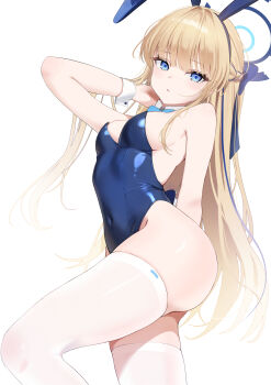 1girl absurdres animal_ears bare_shoulders blonde_hair blue_archive blue_eyes blue_hairband blue_leotard bow bowtie braid breasts closed_mouth commentary covered_navel detached_collar fake_animal_ears hair_bow hairband halo hand_up highleg highleg_leotard highres leotard long_hair looking_at_viewer medium_breasts multicolored_hair playboy_bunny rabbit_ears simple_background solo strapless strapless_leotard streaked_hair thighhighs thighs toki_(blue_archive) toki_(bunny)_(blue_archive) very_long_hair white_background white_thighhighs wrist_cuffs yuuca