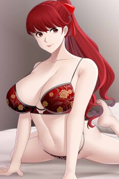 1girl aslindsamure bed bra breasts feet large_breasts long_hair panties persona persona_5 red_eyes red_hair smile underwear yoshizawa_kasumi