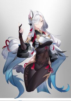 1girl black_bodysuit blue_eyes bodysuit braid braided_ponytail breast_curtains breasts bridal_gauntlets claire-yu covered_navel cropped_legs detached_sleeves genshin_impact hair_ornament hair_over_one_eye highres large_breasts long_hair looking_to_the_side parted_lips shenhe_(genshin_impact) solo very_long_hair white_hair