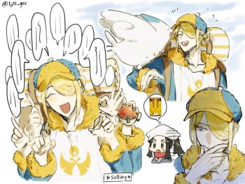 Rule 34 | 1boy, 1girl, akari (pokemon), blonde hair, character request, chibi, closed eyes, collarbone, commentary, dot nose, english commentary, english text, fur-trimmed jumpsuit, fur trim, hair over one eye, hand to own mouth, hat, highres, holding, holding poke ball, index finger raised, jumpsuit, looking to the side, medium hair, multicolored hat, multicolored jumpsuit, multiple views, nintendo, open mouth, poke ball, pokemon, pokemon (creature), pokemon legends: arceus, short hair, sidelocks, speech bubble, sweat, teeth, thought bubble, twitter username, unholymilk, upper body, volo (pokemon)