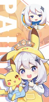 1girl :d blue_eyes blue_scarf blush character_name chinese_commentary commentary_request double-parted_bangs drop_shadow gen_1_pokemon genshin_impact highres hood hood_up long_zhi_zhu_29_hao looking_at_viewer multiple_views nintendo open_mouth outline paimon_(genshin_impact) pikachu pokemon pokemon_(creature) scarf shirt short_hair smile teeth upper_body upper_teeth_only vest white_hair white_outline white_shirt yellow_vest