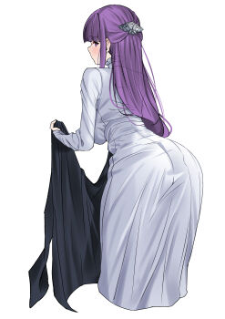 1girl absurdres ass breasts commentary curvy dress fern_(sousou_no_frieren) from_behind hair_ornament highres holding holding_unworn_clothes large_breasts long_hair long_sleeves looking_at_viewer looking_back purple_eyes purple_hair simple_background solo sousou_no_frieren uyufuzi_s very_long_hair white_background white_dress