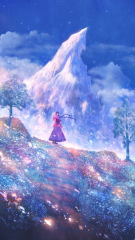 1girl braid capelet commentary_request floating_hair highres long_skirt looking_at_viewer mountain nature original outdoors sakimori_(hououbds) scenery skirt solo standing tree twin_braids wide_shot wind