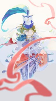 1girl absurdres armor armored_boots boots breastplate brown_hair commentary english_commentary full_body gradient_background green_eyes grey_background hat hat_feather highres holding holding_sword holding_weapon kneeling long_skirt monuo518 official_alternate_costume planted planted_sword planted_weapon recoleta_(reverse:1999) red_ribbon reverse:1999 ribbon shako_cap short_hair skirt solo sword weapon white_hat white_skirt