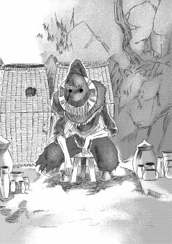 1boy 913kousatu absurdres boots commentary_request dark_souls_(series) dark_souls_iii full_body greirat_of_the_undead_settlement greyscale highres looking_at_viewer male_focus monochrome pants sitting solo stool wicker_basket