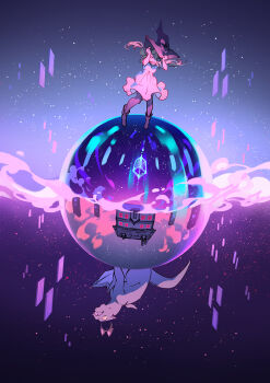 1girl animal_ear_hairband animal_ears boots cat_ear_hairband cat_ears commentary dragon dress english_commentary fake_animal_ears floating_hair hairband hand_on_headwear hat house light_particles long_hair looking_down lydialing_draws open_mouth orb purple_background purple_boots purple_hat solo split_theme the_ink_apprentice white_dress wide_shot witch witch_hat