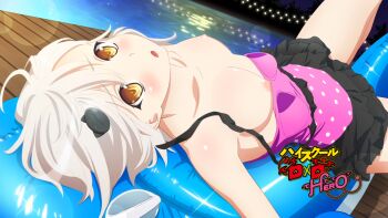 1girl ahoge artist_request black_one-piece_swimsuit blush breasts casual_one-piece_swimsuit cat_hair_ornament clothes_pull collarbone frilled_one-piece_swimsuit frilled_swimsuit frills hair_down hair_ornament high_school_dxd high_school_dxd_hero highres innertube logo loli looking_at_viewer lying multicolored_swimsuit nipples on_back one-piece_swimsuit one-piece_swimsuit_pull open_mouth pink_one-piece_swimsuit polka_dot polka_dot_swimsuit print_one-piece_swimsuit print_swimsuit skirt small_breasts solo source_request swim_ring swimsuit topless_female toujou_koneko water white_hair yellow_eyes