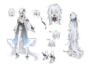 1girl absurdly_long_hair absurdres azur_lane barefoot bikini black_bikini blindfold breasts chibi eldritch_abomination fancy_(azur_lane) grey_eyes grey_hair hair_between_eyes hair_ornament highres large_breasts long_hair low-tied_long_hair nightgown ohisashiburi reference_sheet sharp_teeth shirt swimsuit teeth torn_clothes torn_shirt very_long_hair white_background