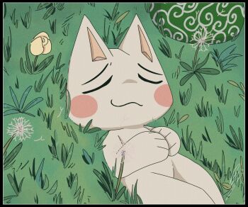 1boy :3 animal_ears animal_hands backpack bag black_border blush_stickers border cat_ears chibikemo closed_eyes commentary_request dandelion doko_demo_issyo flower furry furry_male grass highres inoue_toro lying male_focus on_back outdoors smile solo unworn_backpack unworn_bag white_fur wolfaroon