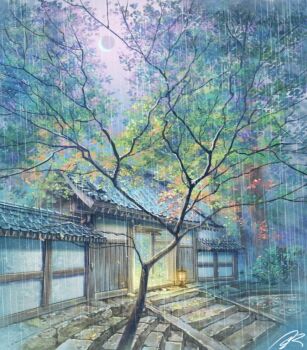 architecture autumn_leaves commentary_request crescent_moon east_asian_architecture gradient_sky lantern leaf moon nature no_humans nzwt original purple_sky rain ripples scenery signature sky stairs tree