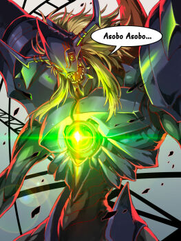 armor blonde_hair demon diablomon digimon glowing highres horns mask open_mouth sharp_teeth short_hair solo speech_bubble teeth tosaka_rai what