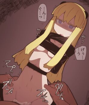 Rule 34 | 1boy, 1girl, black thighhighs, blonde hair, blue eyes, bottomless, breasts, cowgirl position, girl on top, hen zemi, hetero, highres, long hair, makiko gregory, navel, nns (sobchan), sex, solo focus, spread legs, straddling, text focus, thighhighs, underboob, vaginal, very long hair