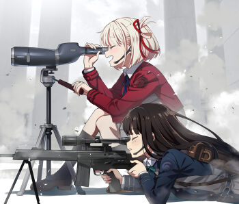 2girls aiming anti-materiel_rifle backpack bag binoculars bipod black_hair black_socks blonde_hair blue_dress bolt_action brown_bag commentary_request dress earpiece from_side grey_dress gun hair_ribbon inoue_takina loafers long_hair long_sleeves looking_through_scope lycoris_recoil lycoris_uniform lying monocular multiple_girls nishikigi_chisato nyoro_(nyoronyoro000) on_stomach one_side_up open_mouth red_dress red_ribbon ribbon rifle scope shoes short_hair sitting smoke sniper_rifle socks tripod weapon weapon_request