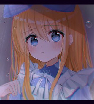 1girl alice's_adventures_in_wonderland alice_(alice_in_wonderland) apron blonde_hair blue_dress blue_eyes blush commentary_request dress eyelashes hair_between_eyes highres long_hair looking_at_viewer momomo_(momomo0712) parted_lips rain solo upper_body water_drop wet wet_hair white_apron