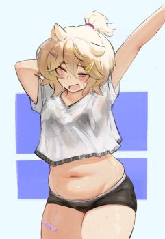 1girl animal_ear_fluff animal_ears arm_behind_head arm_up bandaid bandaid_on_leg black_shorts blonde_hair blush bra_visible_through_clothes breasts closed_eyes crop_top eimi_isami eyeshadow hair_ornament hair_tie hairclip medium_hair muffin_top nao_(gzyr5258) navel open_mouth phase_connect pink_eyeshadow plump ponytail shirt short_ponytail short_shorts shorts small_breasts solo standing stretching sweat virtual_youtuber white_background white_shirt
