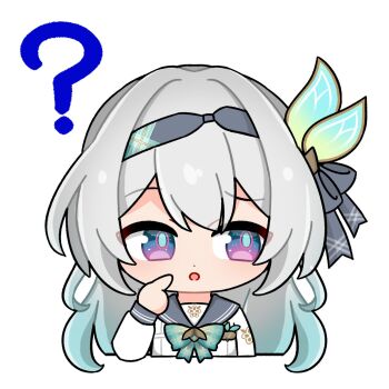 1girl :o ? bow bowtie firefly_(honkai:_star_rail) firefly_(spring_missive)_(honkai:_star_rail) gradient_eyes gradient_hair green_bow green_bowtie green_pupils grey_hair grey_ribbon grey_sailor_collar hair_between_eyes hair_intakes hair_ornament hair_ribbon hashtag-only_commentary highres honkai:_star_rail honkai_(series) long_hair makinomaki108 multicolored_eyes multicolored_hair open_mouth plaid_bow plaid_bowtie plaid_clothes pointing pointing_at_self ribbon sailor_collar simple_background solo white_background