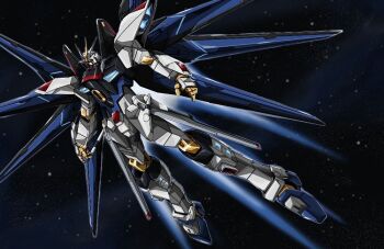 commentary glowing gundam gundam_seed gundam_seed_destiny mecha mecha_focus mechanical_wings mobile_suit monmon_(monban) no_humans robot science_fiction solo space strike_freedom_gundam v-fin weapon wings yellow_eyes