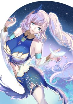 1girl anyisina bare_shoulders blue_background blue_eyes blue_nails blue_skirt breasts cowboy_shot feathers grey_hair hashtag-only_commentary highres hololive hololive_indonesia la large_breasts long_hair pavolia_reine side_ponytail skirt solo virtual_youtuber white_feathers