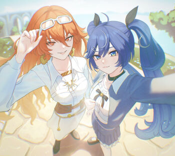 2girls 8k_u ahoge arm_up augusta_(wuthering_waves) blue_eyes blue_hair blue_jacket blue_skirt breasts chromatic_aberration collarbone commentary_request crop_top dress earrings eyewear_on_head hair_between_eyes hair_ornament highres iuno_(wuthering_waves) jacket jewelry looking_at_viewer medium_breasts multicolored_hair multiple_girls official_alternate_costume orange_eyes orange_hair parted_lips shirt skirt smile standing streaked_hair sunglasses twintails white_dress white_shirt wuthering_waves