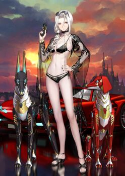 1girl anklet bare_legs bikini black_bikini black_choker black_nails black_sandals bracelet breasts car carmilla_(fate) carmilla_(swimsuit_rider)_(third_ascension)_(fate) chain choker cleavage closed_mouth contrapposto curtained_hair dog expressionless eyewear_on_head fate/grand_order fate_(series) fingernails full_body game_cg gluteal_fold gun hair_over_shoulder hair_tie hand_on_own_hip hand_up high_heel_sandals holding holding_gun holding_weapon jewelry large_breasts lips long_hair looking_at_viewer looking_to_the_side low_side_ponytail motor_vehicle multi-strapped_bikini_bottom multiple_dogs navel non-humanoid_robot o-ring o-ring_bikini official_art okojo red_eyes robot robot_animal robot_dog sandals see-through_clothes side-tie_bikini_bottom solo spaghetti_strap standing stomach sunglasses swimsuit swimsuit_cover-up third-party_source toenails toes variant_set vehicle_request weapon weapon_request white_hair