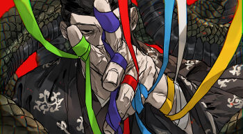 1boy black_kimono hat highres holding holding_string houjou_yoshitoki_(kamakura-dono_no_13-nin)_(shikken) japanese_clothes kamakura-dono_no_13-nin kimono male_focus snake string tate_eboshi