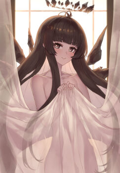 1girl absurdres angel arknights black_eyes black_hair black_halo blush breasts broken_halo covering_privates curtain_grab curtains dark_halo detached_wings energy_wings hair_censor halo highres hime_cut long_hair looking_at_viewer mole mole_under_eye nude nude_cover see-through_silhouette sicsic49 small_breasts smile solo standing very_long_hair virtuosa_(arknights) window wings