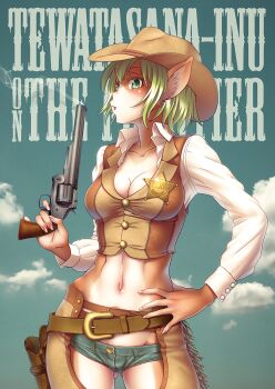 1girl animal_ears belt blowing_smoke breasts chaps character_name cleavage commentary_request contrapposto cowboy_hat cowboy_shot cowboy_western denim denim_shorts dog_ears dog_tail english_text female_focus finger_on_trigger fingernails furry furry_female gluteal_fold green_eyes green_hair gun hand_on_own_hip handgun hat highres holding holding_gun holding_weapon holster long_fingernails mascot medium_breasts midriff navel pinky_out revolver sheriff_badge short_hair short_shorts shorts shrug_(clothing) smoke smoking_barrel solo standing tail taut_clothes taut_vest tewatasanaiinu tokyo_metropolitan_police_department vest weapon wokada