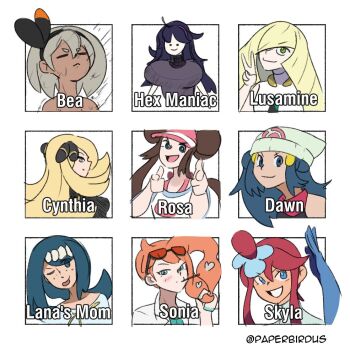 6+girls :p aether_foundation bea_(pokemon) beanie blonde_hair blue_eyes blue_hair blush breasts brown_hair character_name closed_eyes cynthia_(pokemon) dawn_(pokemon) double_bun dress eyewear_on_head finger_gun food gloves green_eyes grey_eyes grey_hair gym_leader hair_bun hair_ornament hand_up hands_up hat heart heart_hair_ornament hex_maniac_(pokemon) hex_maniac_(pokemon_xy) lab_coat lana&#039;s_mother_(pokemon) long_hair looking_at_viewer lusamine_(pokemon) multiple_girls nintendo npc_trainer one_eye_closed orange_hair paperbirdus pocky pokemon pokemon_(anime) pokemon_bw pokemon_bw2 pokemon_dppt pokemon_sm pokemon_sm_(anime) pokemon_swsh pokemon_xy ponytail rain red_hair rosa_(pokemon) side_ponytail skyla_(pokemon) sleeveless sleeveless_dress smile sonia_(pokemon) sunglasses teeth tongue tongue_out twitter_username v v-shaped_eyebrows very_long_hair visor_cap white_background