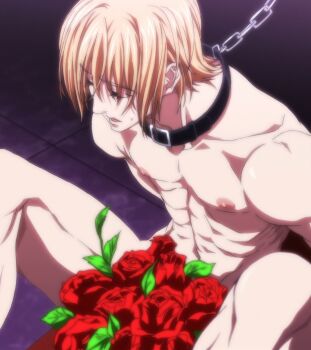 1boy anime_screenshot bouquet chain collar flower gradient_hair highres indoors legs_apart male_focus multicolored_hair nipples nude oniichan_no_koto_nanka_zenzen_suki_janain_dakara_ne!! rose sitting stitched sweatdrop third-party_edit