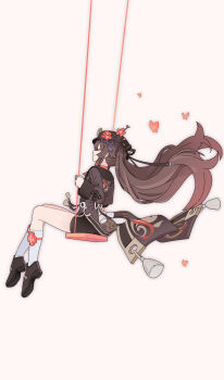 1girl absurdres black_hat black_shoes black_shorts brown_coat brown_hair bug butterfly closed_eyes coat coattails commentary_request floating_hair flower full_body genshin_impact hat highres hu_tao_(genshin_impact) insect kneehighs long_hair long_sleeves on_swing origami_gyokuo red_flower shoes shorts simple_background sitting smile socks swing tassel twintails very_long_hair vision_(genshin_impact) white_socks