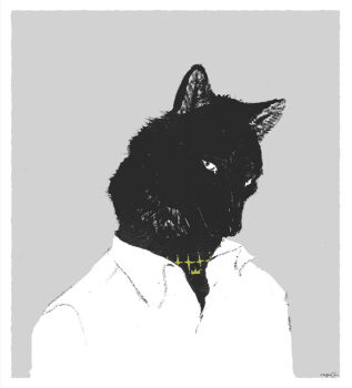1boy black_fur body_fur cut-here_line furry furry_male grey_background looking_at_viewer male_focus nagabe original shirt simple_background solo spot_color upper_body white_eyes white_shirt wolf_boy