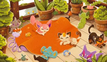 aerohail animal_focus aron baby_animal ball banette cameo cat chikorita commentary english_commentary espurr gen_1_pokemon gen_2_pokemon gen_3_pokemon gen_4_pokemon gen_5_pokemon gen_6_pokemon gen_7_pokemon gimmighoul glameow gyarados hoppip joltik kitten leaf legendary_pokemon litleo litten meowth mew_(pokemon) mythical_pokemon nintendo no_humans outdoors plant poke_ball poke_ball_(basic) pokemon pokemon_(creature) pokemon_focus potted_plant purrloin rug shinx skitty sleeping spheal sprigatito trubbish zygarde zygarde_cell