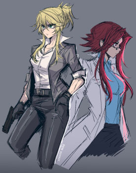 2girls blonde_hair breasts brown_eyes business_suit cleavage collarbone collared_shirt facing_to_the_side formal_clothes gloves green_eyes grey_suit highres holding izayoi_aki jacket lab_coat large_breasts long_hair multiple_girls pant_suit pants red_hair sherry_leblanc shirt suit suit_jacket xenvita yu-gi-oh! yu-gi-oh!_5d&#039;s
