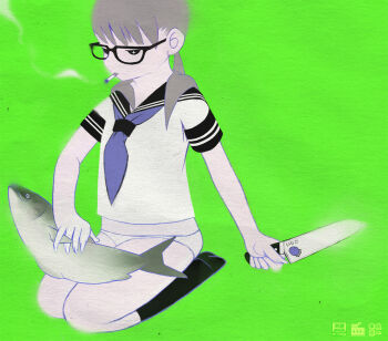 1girl animal animal_on_lap black_sailor_collar black_socks blue_neckerchief chimpanzeeman cigarette commentary english_commentary fileting fish full_body glasses green_background grey_hair half-closed_eyes highres holding holding_knife kitchen_knife kneehighs knife long_hair low_twintails mouth_hold neckerchief no_pants on_lap original panties paper_texture sailor_collar school_uniform seiza serafuku shirt short_sleeves simple_background sitting smoking socks solo star-shaped_pupils star_(symbol) symbol-shaped_pupils twintails underwear white_panties white_shirt