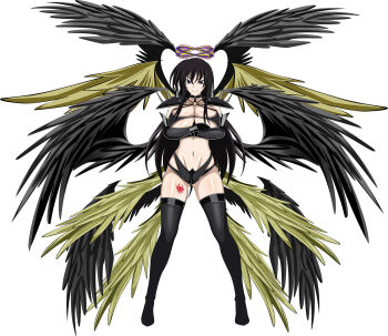 1girl angel_wings black_hair black_wings breasts cleavage covered_erect_nipples feathered_wings full_body gloves golden_wings halo high_school_dxd highres large_breasts oversized_wings leg_wings long_hair looking_at_viewer low_wings multiple_wings navel panties raynare seraph shoulder_pads smile solo spread_wings underwear wings wrist_wings yxyyxy