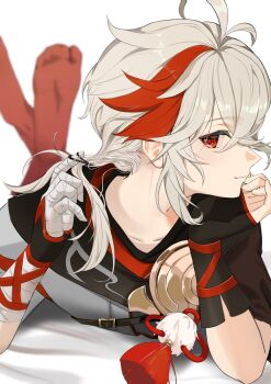 1boy antenna_hair bandaged_arm bandaged_hand bandages blurry blurry_background commentary_request depth_of_field feet foreshortening genshin_impact hair_between_eyes hair_tie highres kaedehara_kazuha looking_at_viewer lying male_focus multicolored_hair on_stomach ponytail red_eyes red_hair red_socks sahi00000 simple_background smile socks soles solo streaked_hair the_pose toes white_background white_hair